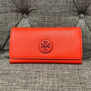 Tory Burch Orange Pebbled Leather Continental Wallet